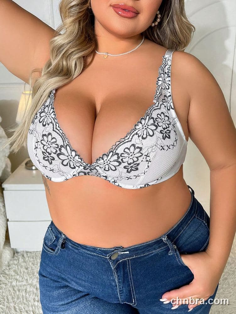 Plus Size White Floral Print Plunge Push-Up Bra – Bulk Wholesale, Lingerie Supplier