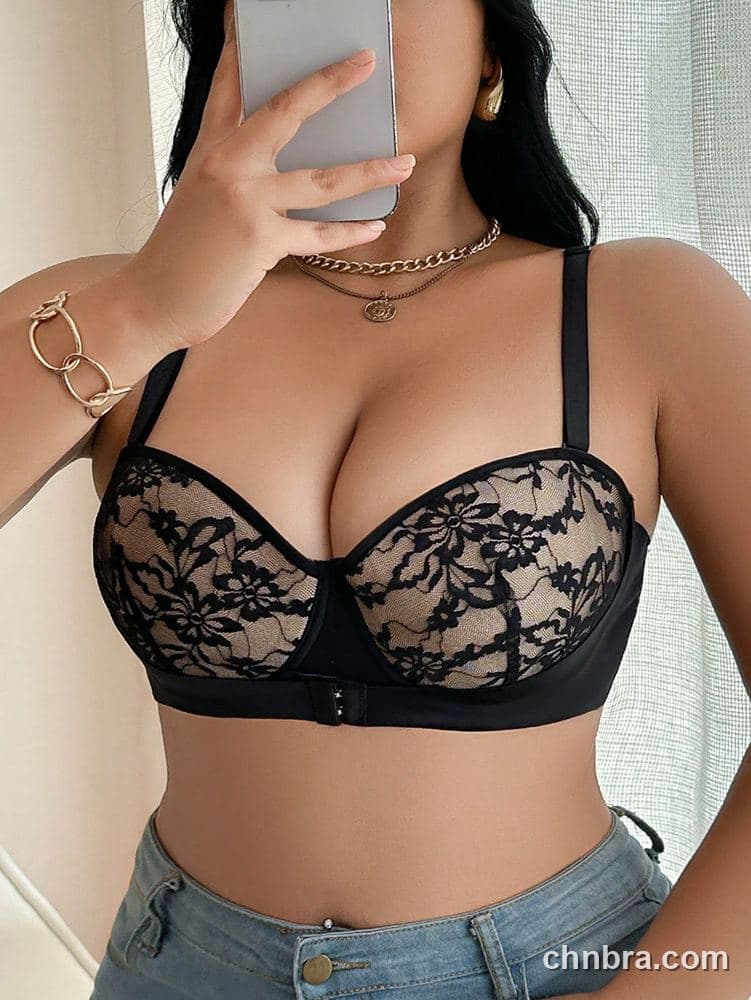 Plus Size Black Floral Lace Overlay Balconette Bra – Wholesale Lingerie Manufacturing Factory 4