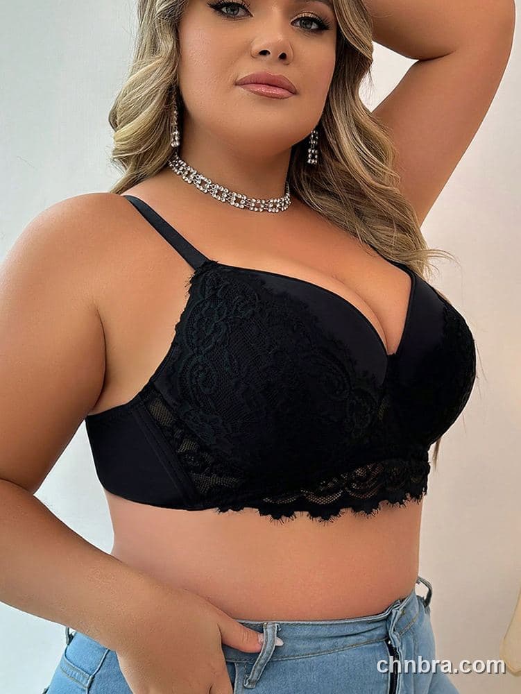 Plus Size Black Eyelash Lace Push-Up Longline Bra – Wholesale Lingerie Manufacturing Factory 3