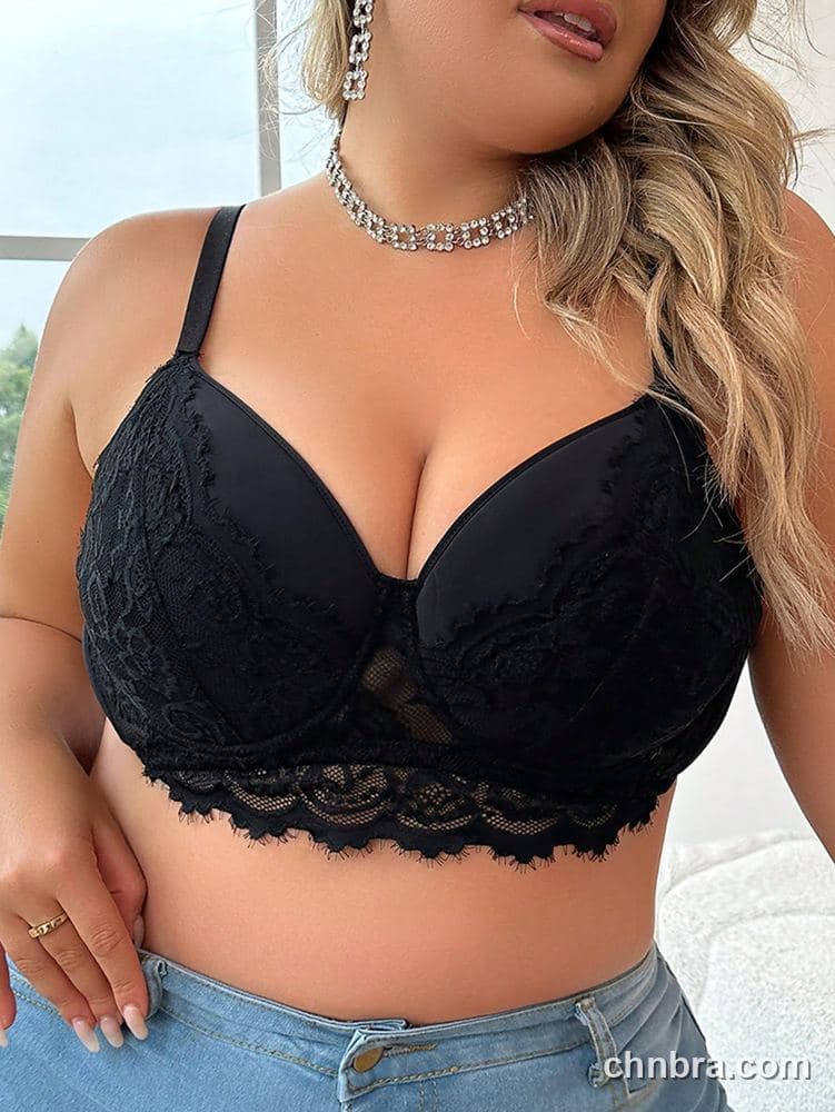 Plus Size Black Eyelash Lace Push-Up Longline Bra – Wholesale Lingerie Manufacturing Factory 4