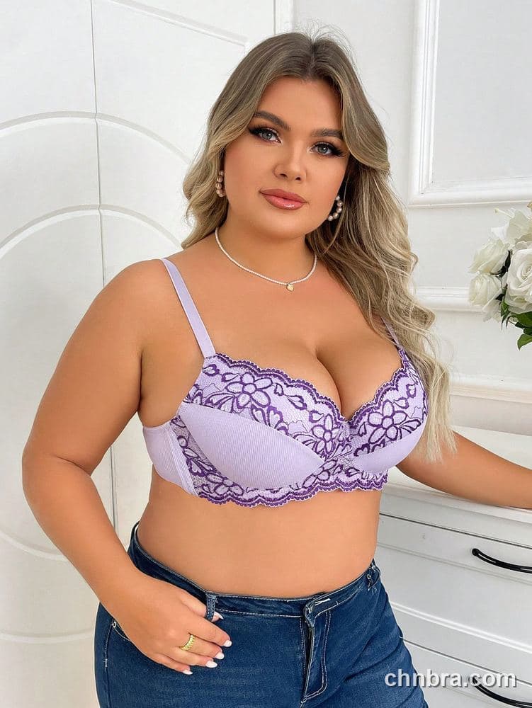 Custom Plus Size Lilac Floral Lace Underwire Push-Up Bra – Wholesale Direct from Factory 3