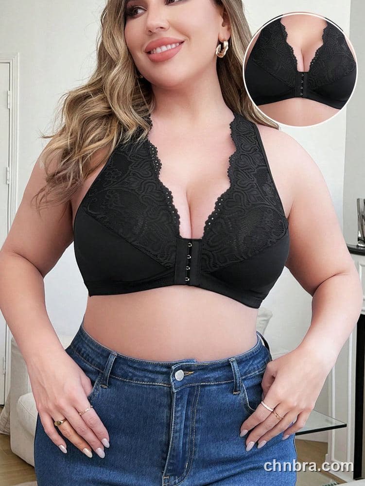 Plus Size Black Front-Closure Lace V-Neck Bra – Bulk Wholesale, Lingerie Supplier 4