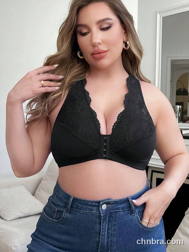 Plus Size Black Front-Closure Lace V-Neck Bra – Bulk Wholesale, Lingerie Supplier 5