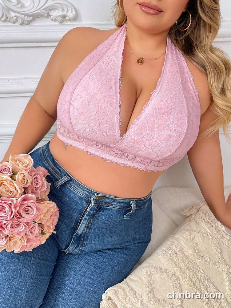 Wholesale Plus Size Pink Halter Lace Triangle Bralette – Direct Factory