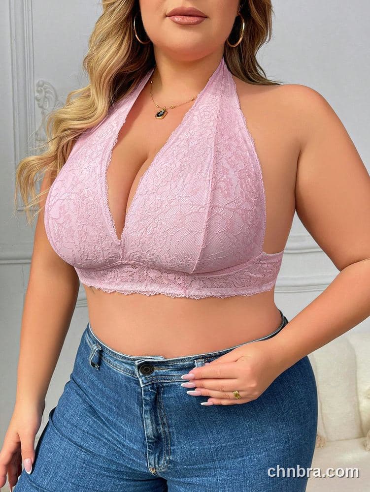 Wholesale Plus Size Pink Halter Lace Triangle Bralette – Direct Factory 3