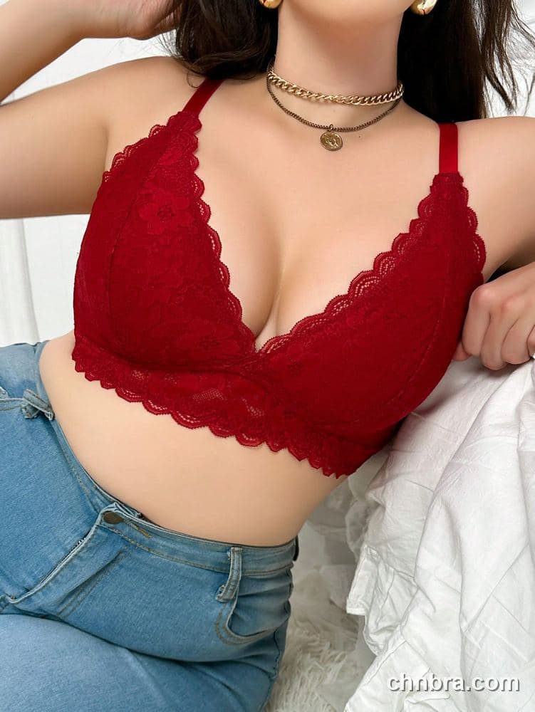 Plus Size Burgundy Floral Lace Plunge Bralette – OEM / ODM Lingerie Manufacturer