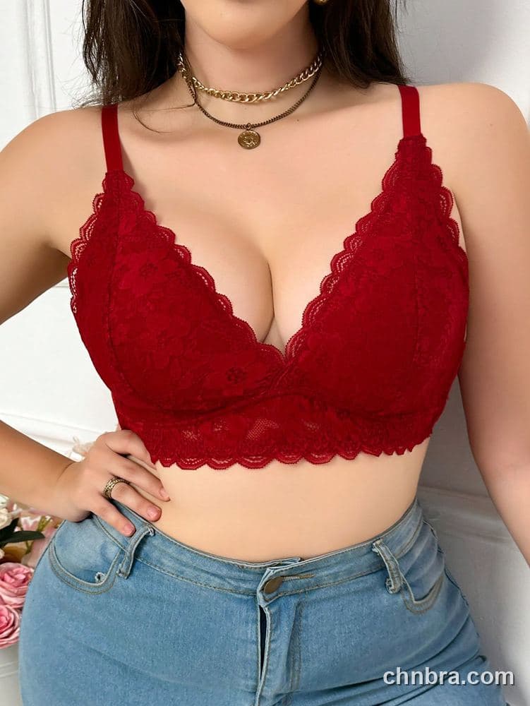 Plus Size Burgundy Floral Lace Plunge Bralette – OEM / ODM Lingerie Manufacturer 4