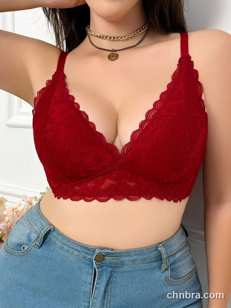 Plus Size Burgundy Floral Lace Plunge Bralette – OEM / ODM Lingerie Manufacturer 5