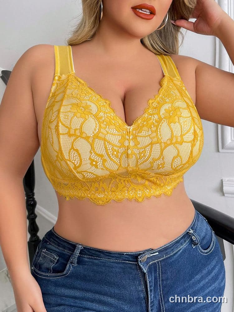 Plus Size Yellow Floral Lace Wire-Free Bra – Wholesale Lingerie Manufacturing Factory