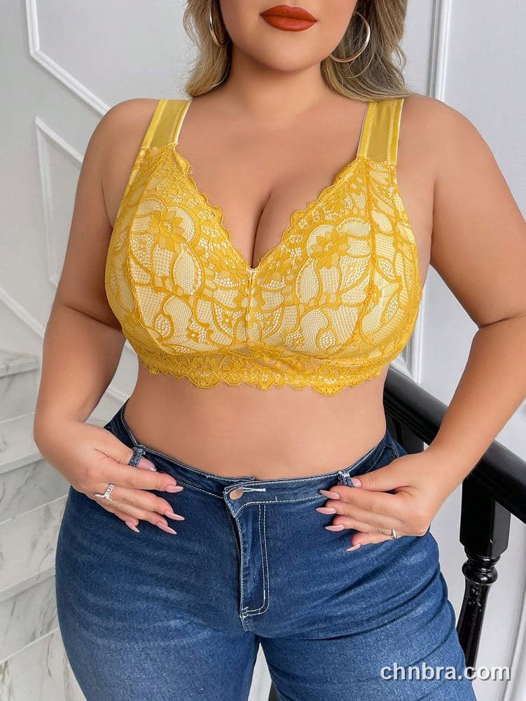 Plus Size Yellow Floral Lace Wire-Free Bra – Wholesale Lingerie Manufacturing Factory 3