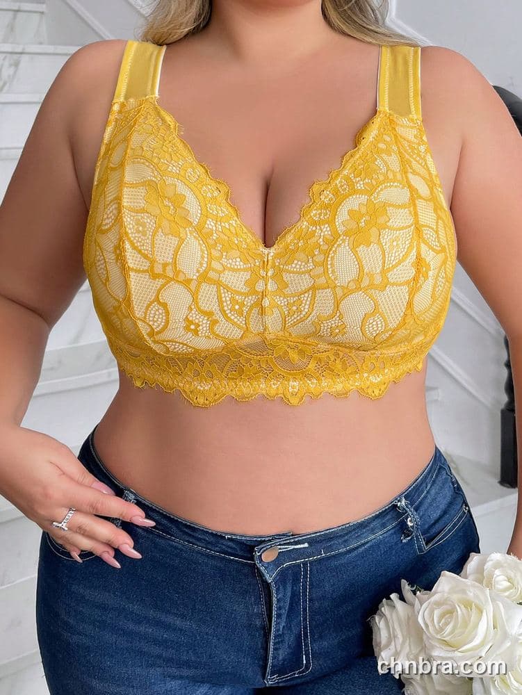 Plus Size Yellow Floral Lace Wire-Free Bra – Wholesale Lingerie Manufacturing Factory 4