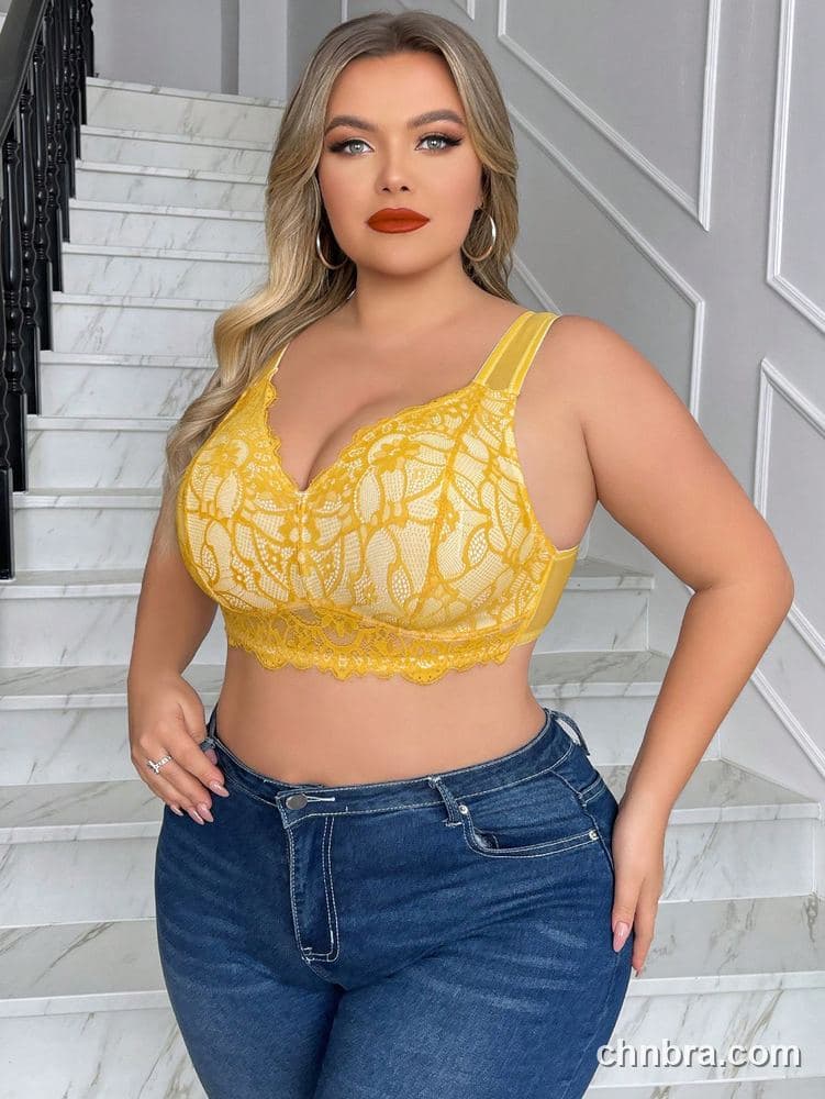 Plus Size Yellow Floral Lace Wire-Free Bra – Wholesale Lingerie Manufacturing Factory 5