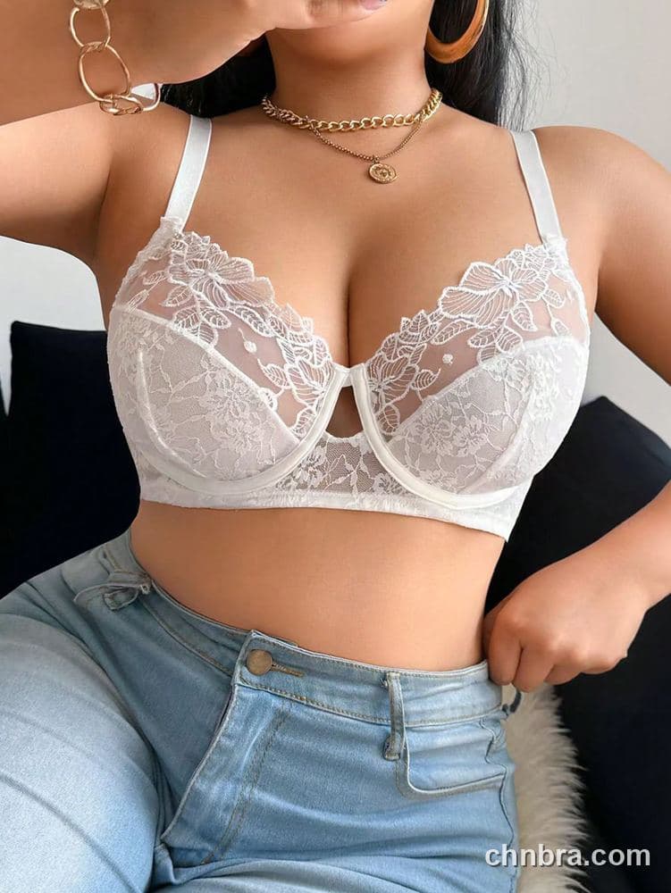 Custom Plus Size Black Embroidered Leaf Mesh Bra – Wholesale Direct from Factory 15
