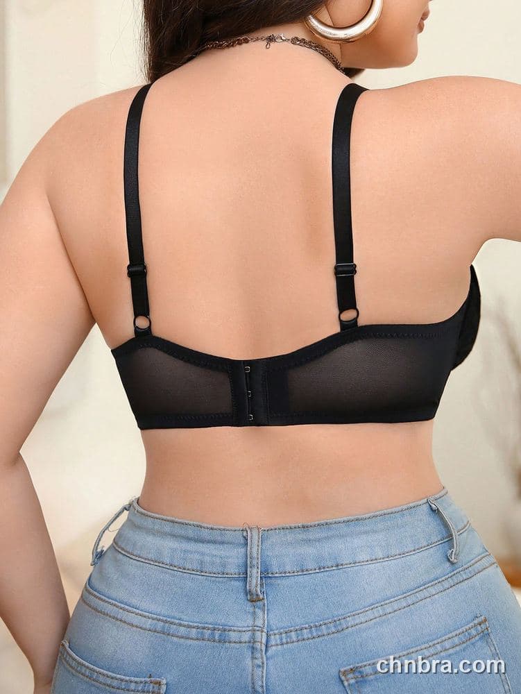 Custom Plus Size Black Embroidered Leaf Mesh Bra – Wholesale Direct from Factory 2