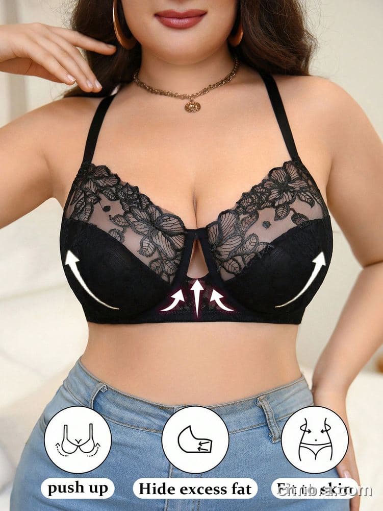 Custom Plus Size Black Embroidered Leaf Mesh Bra – Wholesale Direct from Factory 3