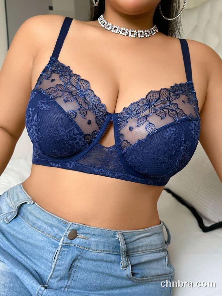 Custom Plus Size Black Embroidered Leaf Mesh Bra – Wholesale Direct from Factory 9