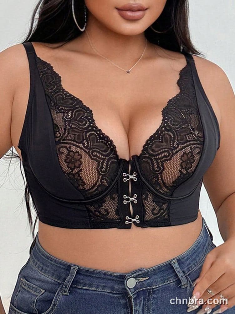 Plus Size Black Heart Lace Plunge Longline Bra – Bulk Wholesale, Lingerie Supplier 4