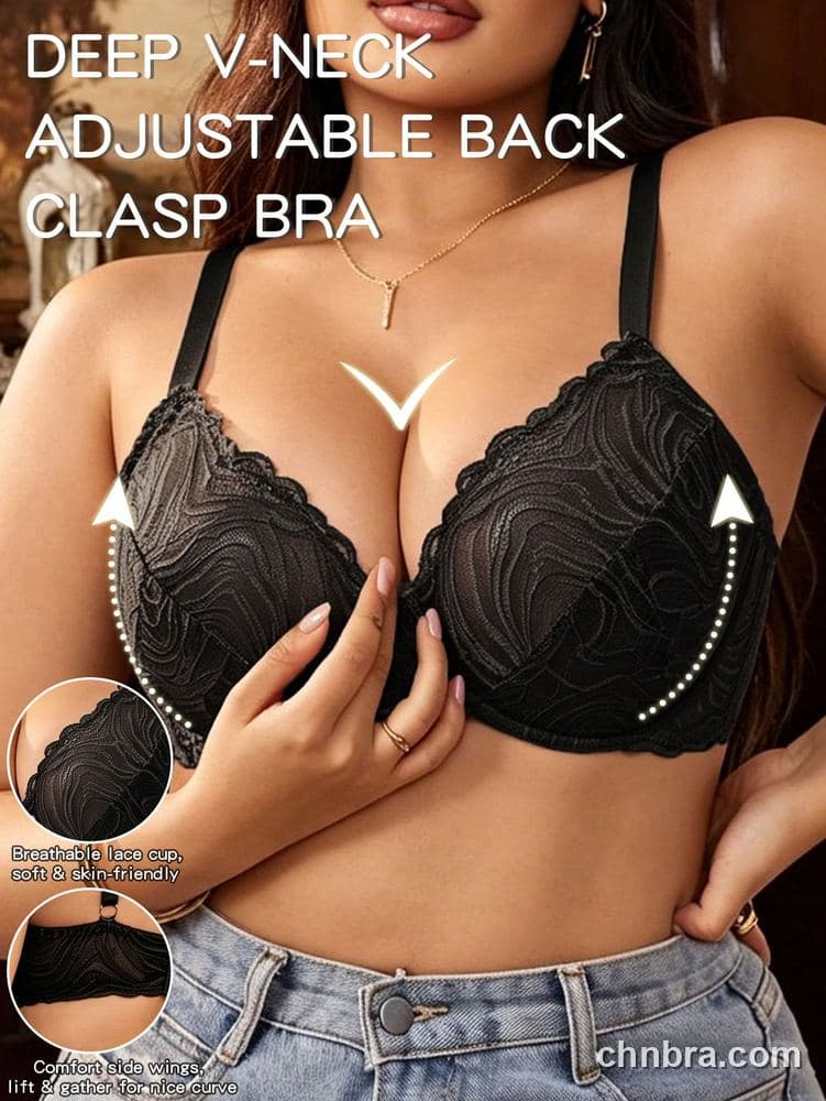 Wholesale Plus Size Black Swirl-Texture Lace Plunge Bra – Direct Factory 4