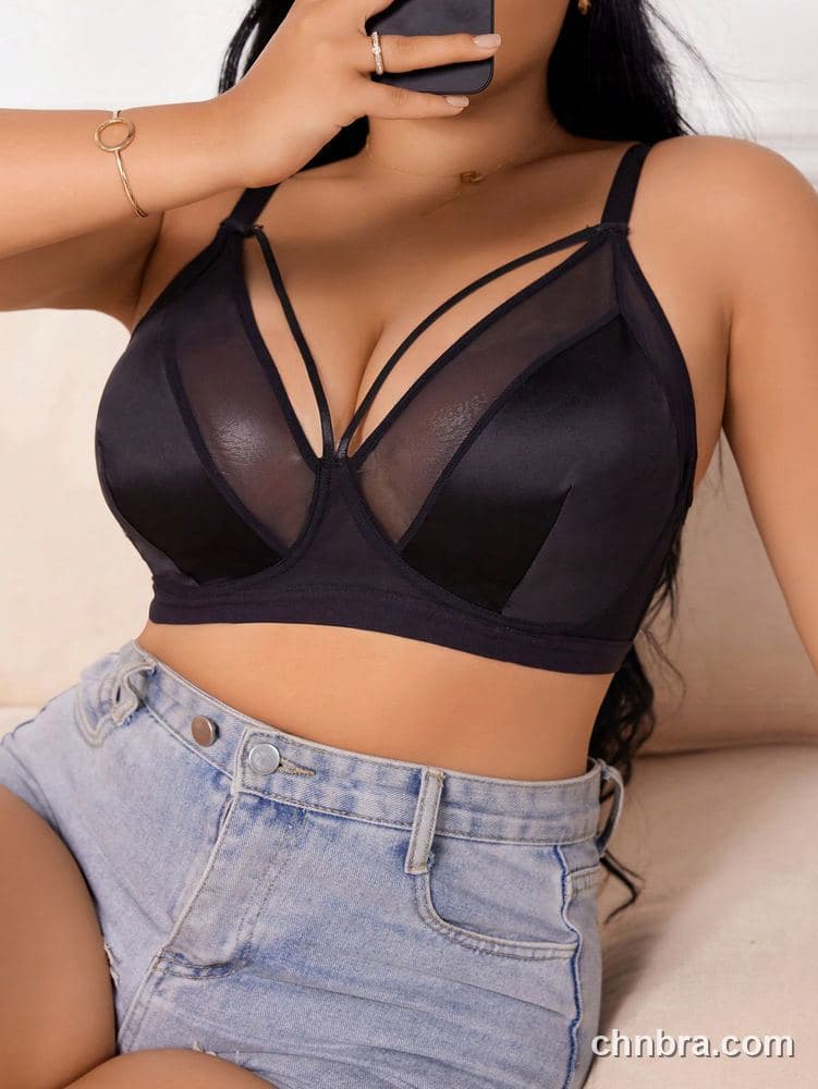 DesireSculpt Plus Size Black Sheer Mesh Plunge Bralette – Factory Wholesale