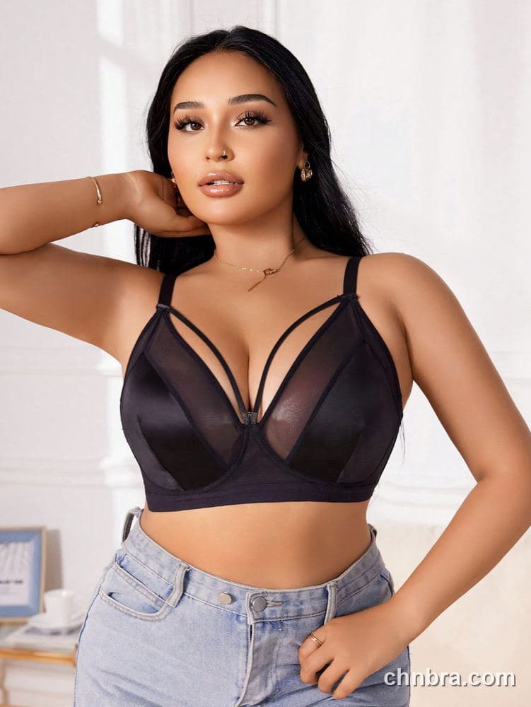 DesireSculpt Plus Size Black Sheer Mesh Plunge Bralette – Factory Wholesale 3