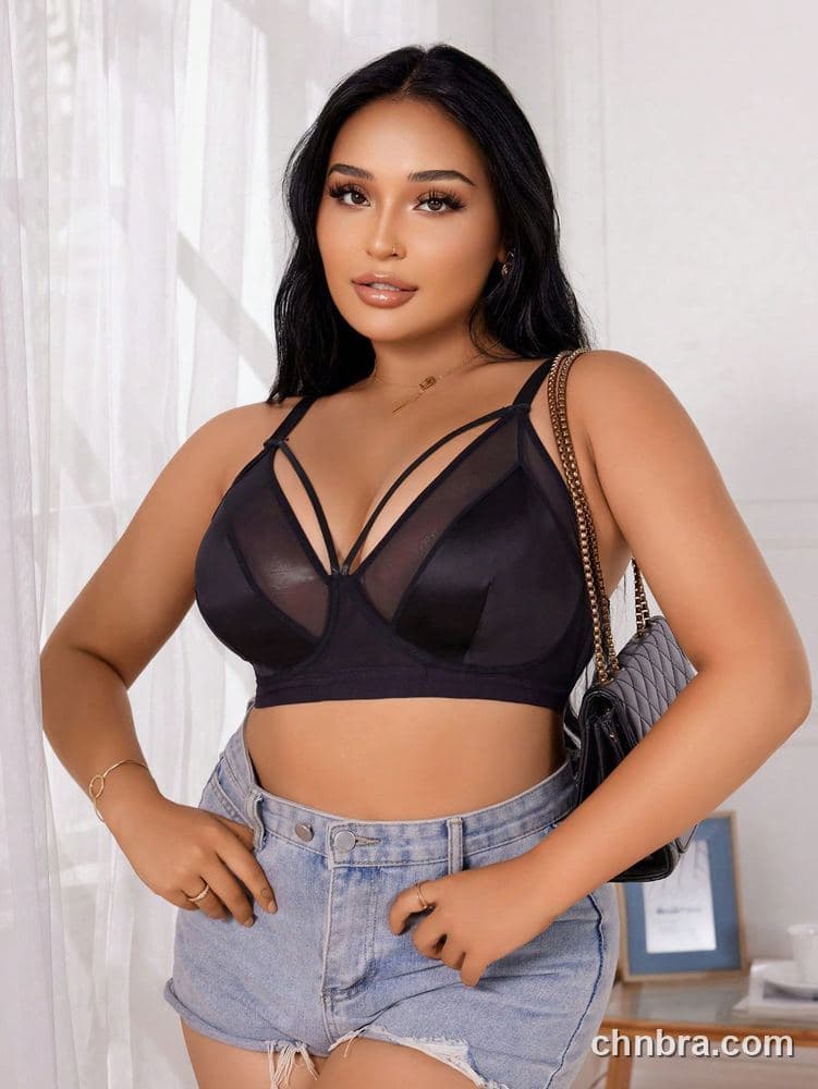 DesireSculpt Plus Size Black Sheer Mesh Plunge Bralette – Factory Wholesale 5