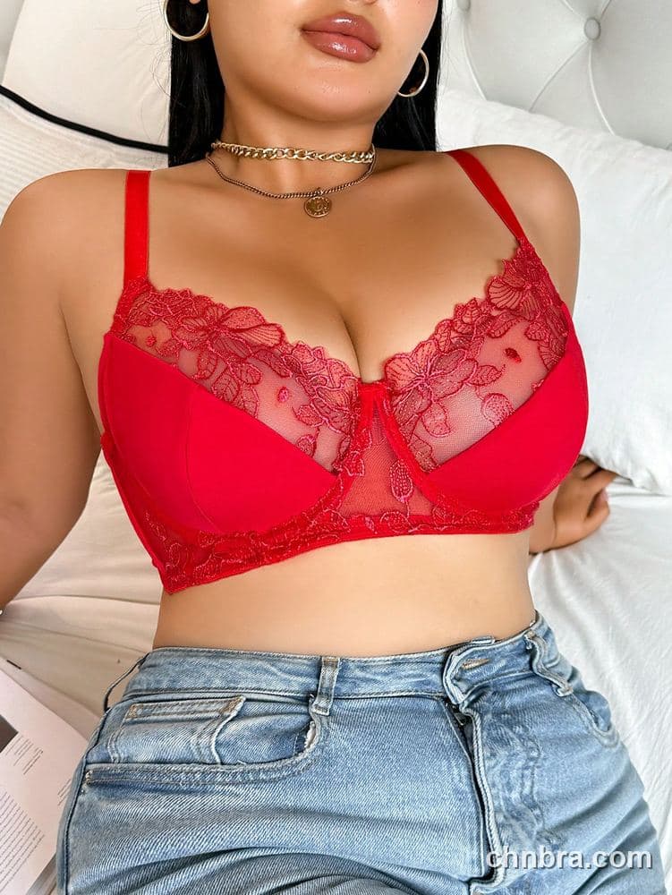 Plus Size Embroidered Floral Sheer Cups Bra – Bulk Wholesale, Lingerie Supplier