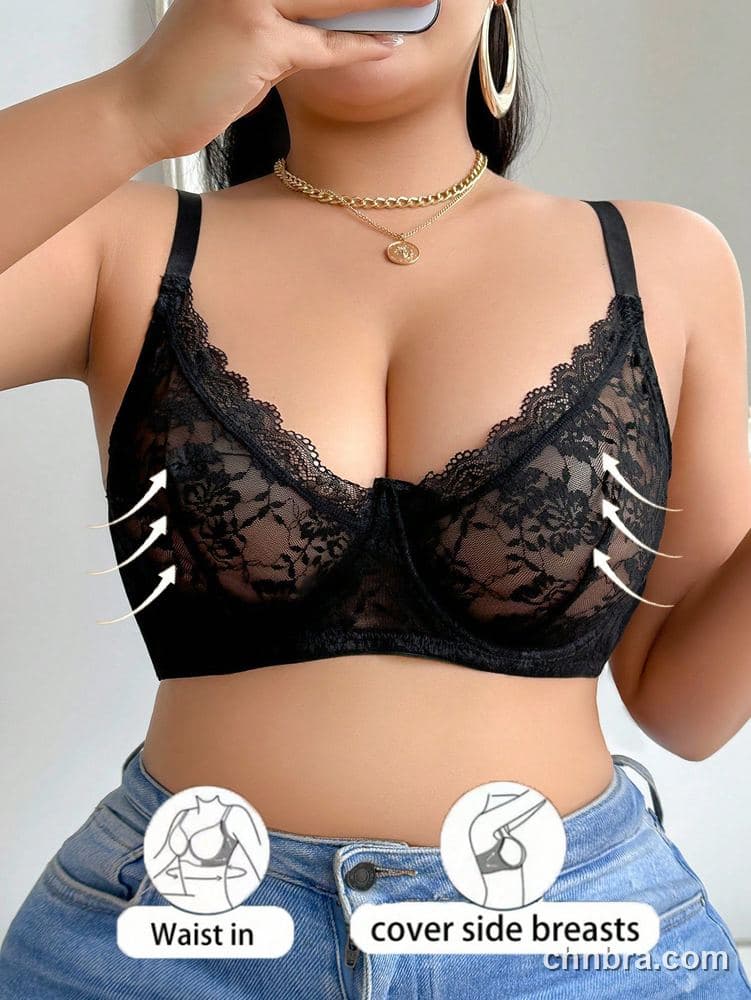 Plus Size Black Sheer Floral Lace Unlined Bra – Bulk Wholesale, Lingerie Supplier