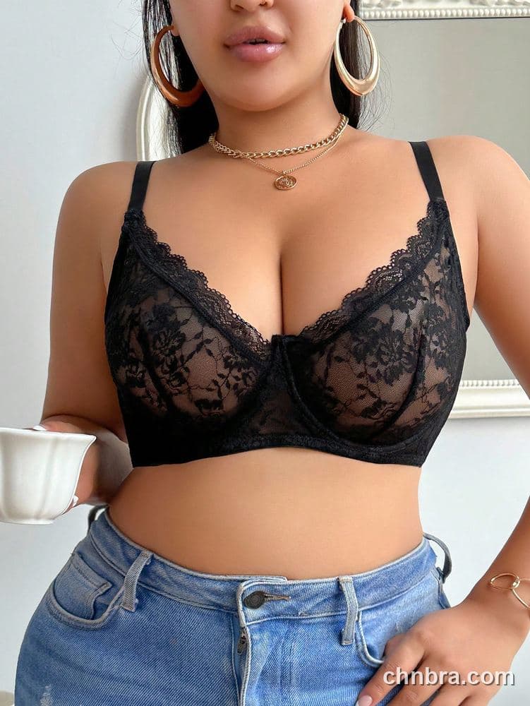 Plus Size Black Sheer Floral Lace Unlined Bra – Bulk Wholesale, Lingerie Supplier 5