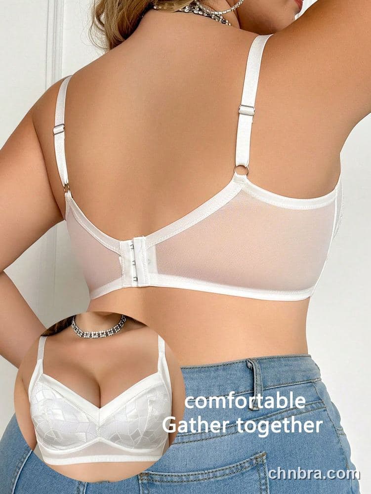 Wholesale Plus Size White Geometric Jacquard Wire-Free Full Coverage Bra – Direct Factory 2