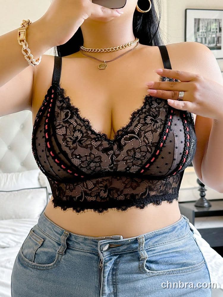 Plus Size Black Eyelash Lace + Dot Mesh Bra – OEM / ODM Lingerie Manufacturer