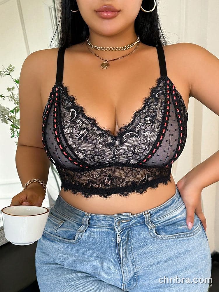 Plus Size Black Eyelash Lace + Dot Mesh Bra – OEM / ODM Lingerie Manufacturer 3