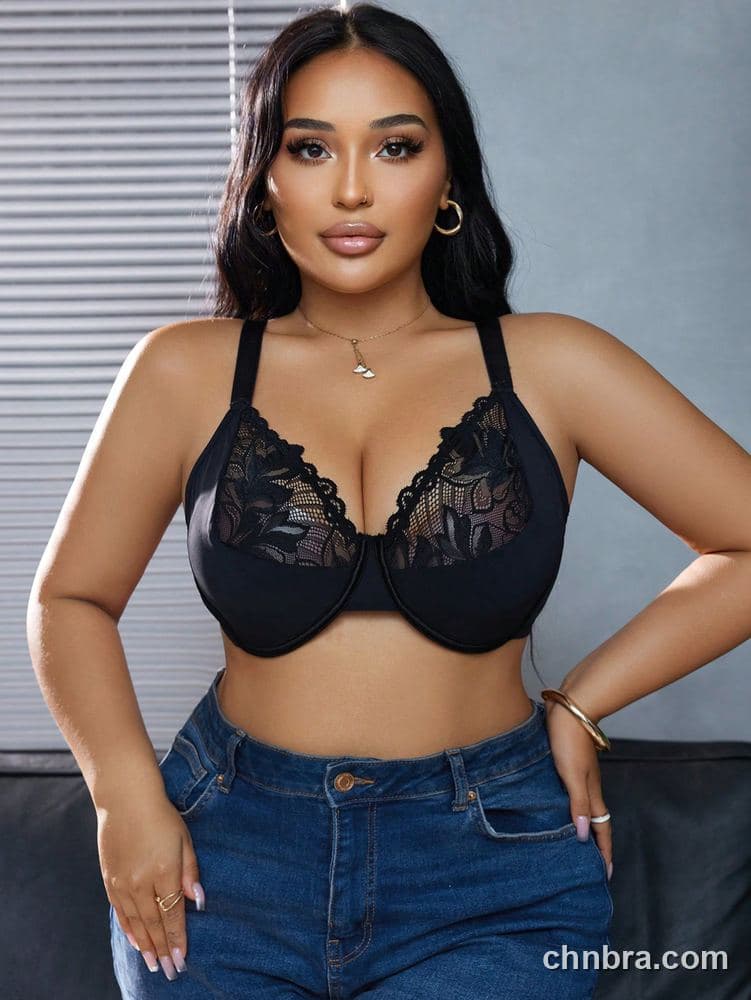 Plus Size Black Lace V-Panel Unlined Cups Bra – Bulk Wholesale, Lingerie Supplier