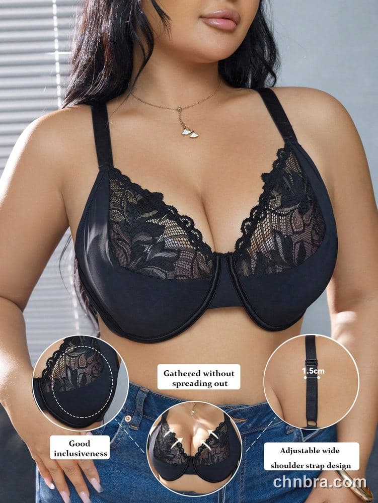 Plus Size Black Lace V-Panel Unlined Cups Bra – Bulk Wholesale, Lingerie Supplier 3
