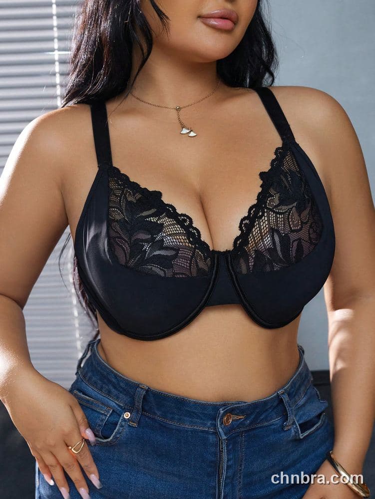 Plus Size Black Lace V-Panel Unlined Cups Bra – Bulk Wholesale, Lingerie Supplier 6