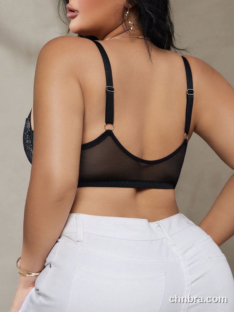 DesireSculpt Plus Size Black Sheer Mesh + Rose Lace Bra – Factory Wholesale 2