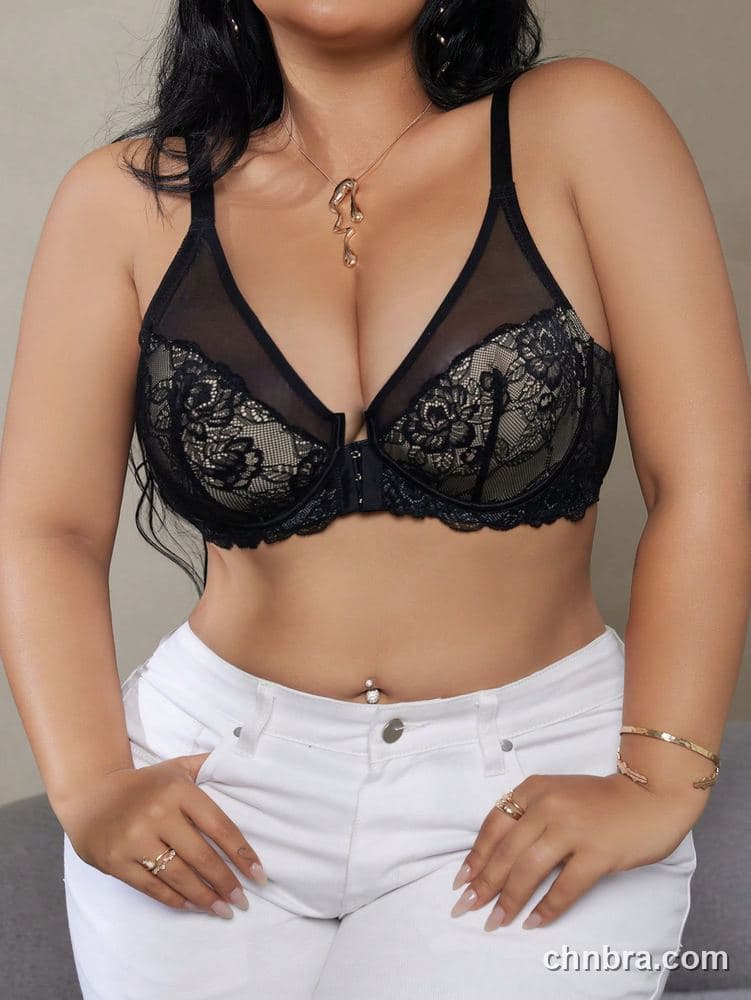 DesireSculpt Plus Size Black Sheer Mesh + Rose Lace Bra – Factory Wholesale 3