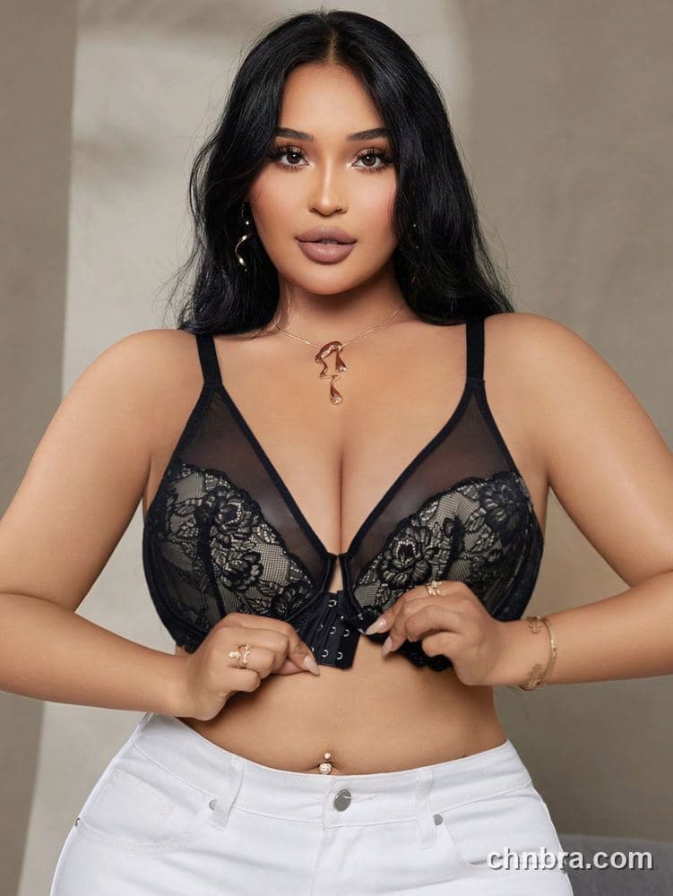 DesireSculpt Plus Size Black Sheer Mesh + Rose Lace Bra – Factory Wholesale 4