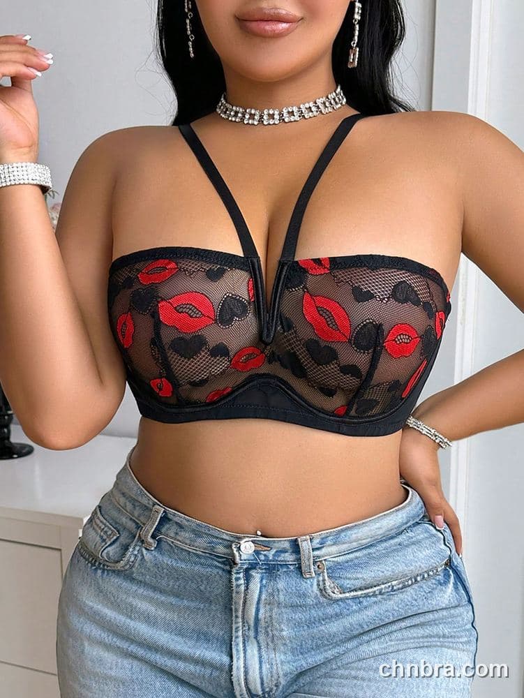 Plus Size White Lip-Heart Print Sheer Bra – Bulk Wholesale, Lingerie Supplier 10