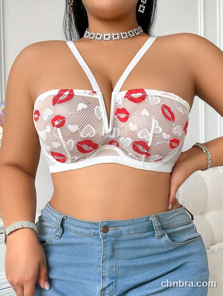Plus Size White Lip-Heart Print Sheer Bra – Bulk Wholesale, Lingerie Supplier 5