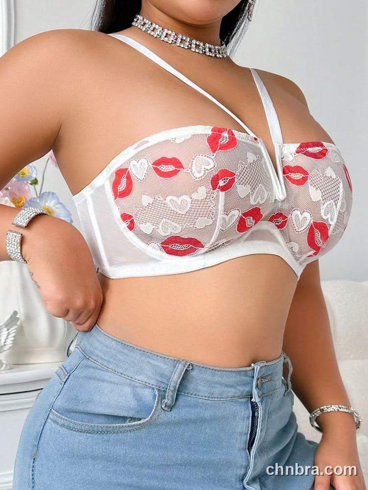 Plus Size White Lip-Heart Print Sheer Bra – Bulk Wholesale, Lingerie Supplier 6