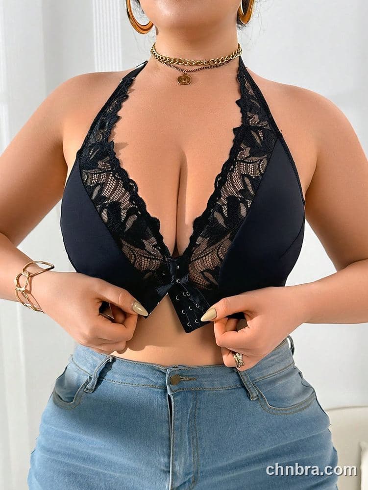 Plus Size Black Halter Front-Closure Plunge Bra – OEM / ODM Lingerie Manufacturer 5