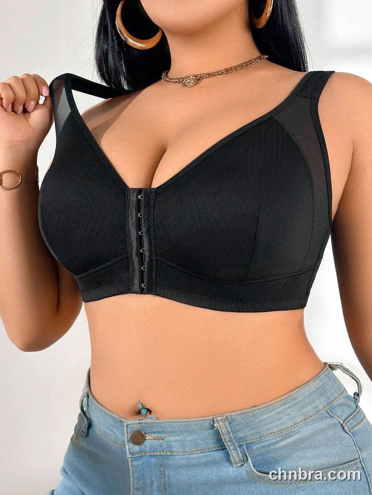 Wholesale Plus Size Black Front-Closure Ribbed Wire-Free Bra – Direct Factory 3