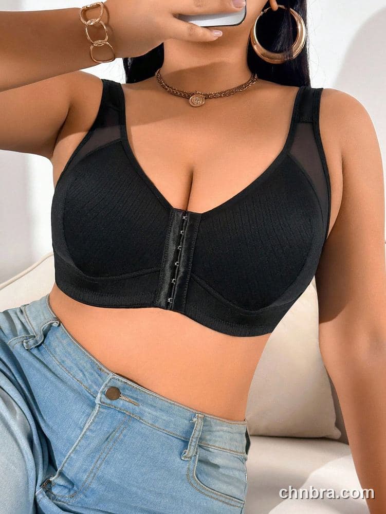 Wholesale Plus Size Black Front-Closure Ribbed Wire-Free Bra – Direct Factory 4