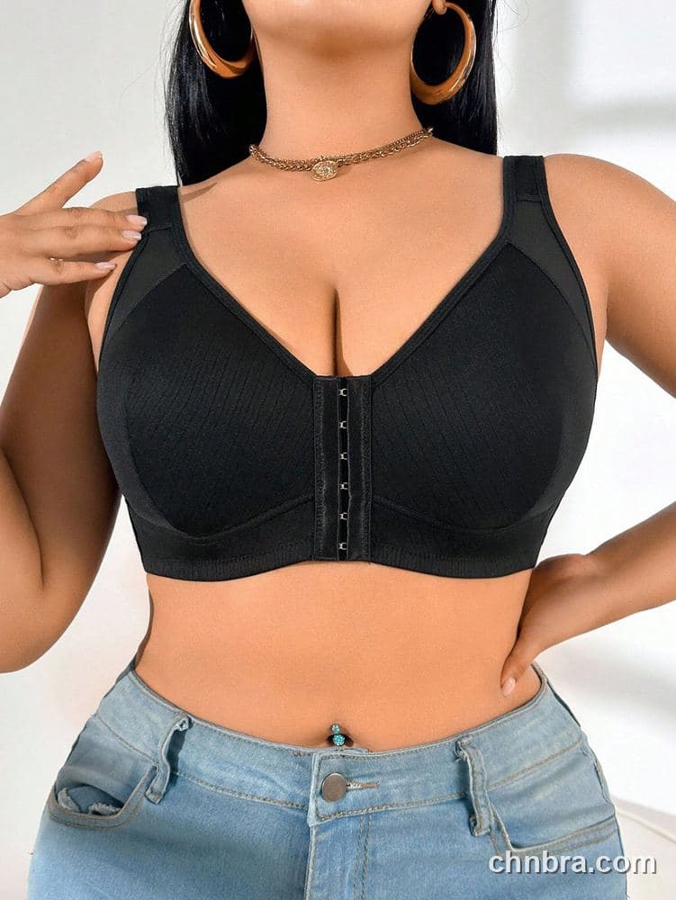 Wholesale Plus Size Black Front-Closure Ribbed Wire-Free Bra – Direct Factory 5