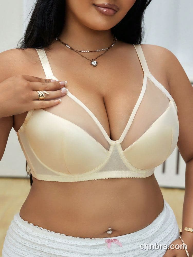 DesireSculpt Plus Size Beige Smooth + Mesh Strappy Plunge Bra – Factory Wholesale