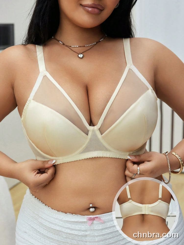 DesireSculpt Plus Size Beige Smooth + Mesh Strappy Plunge Bra – Factory Wholesale 3