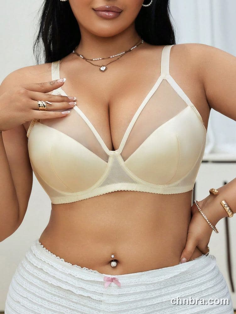 DesireSculpt Plus Size Beige Smooth + Mesh Strappy Plunge Bra – Factory Wholesale 5
