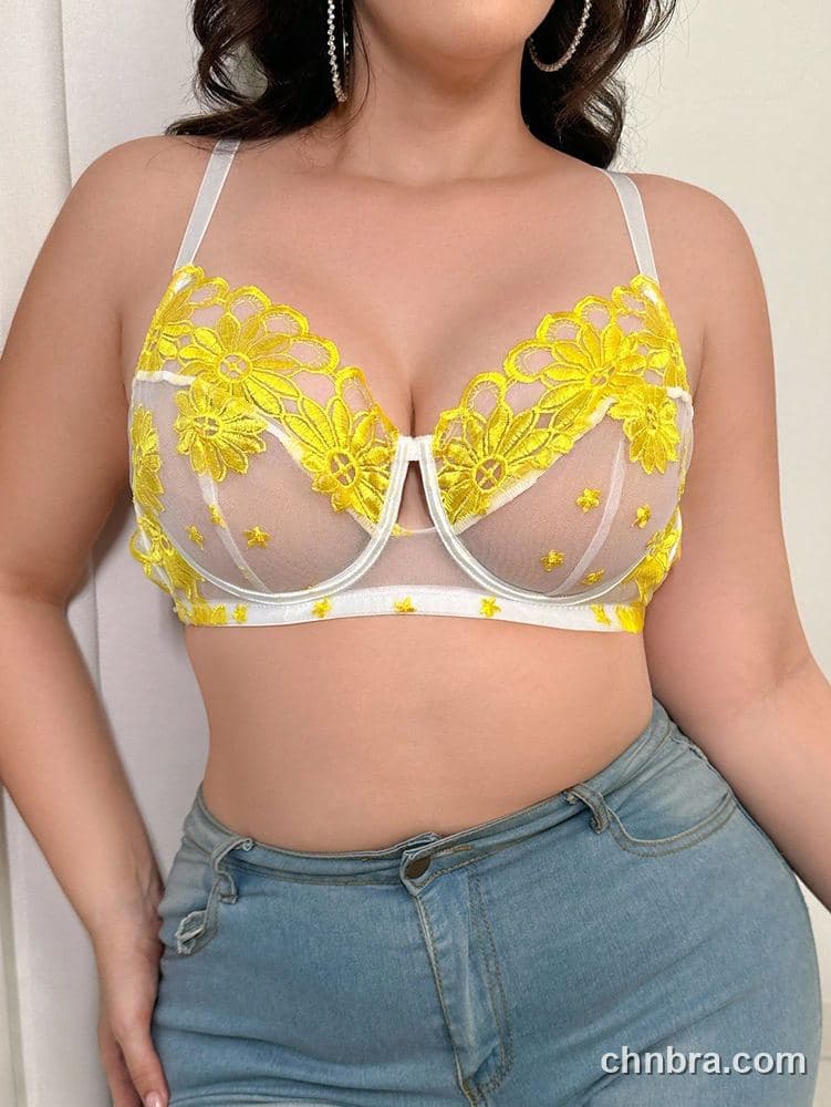 Plus Size Yellow Embroidered Daisy Sheer Mesh Bra – OEM / ODM Lingerie Manufacturer 3