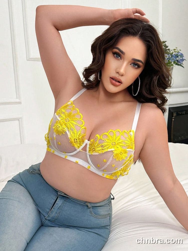 Plus Size Yellow Embroidered Daisy Sheer Mesh Bra – OEM / ODM Lingerie Manufacturer 4