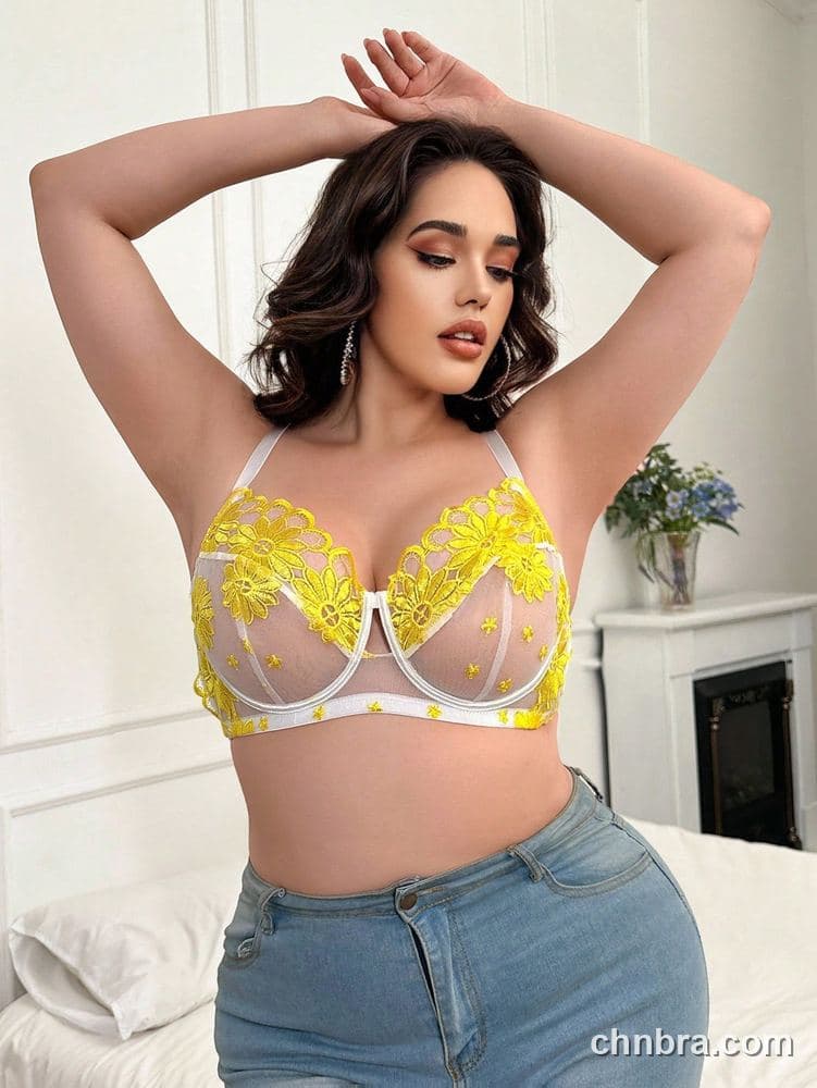 Plus Size Yellow Embroidered Daisy Sheer Mesh Bra – OEM / ODM Lingerie Manufacturer 5